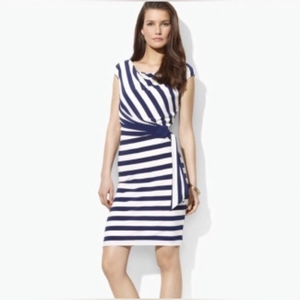 Ralph Lauren Dress Navy Blue Striped Womens Dress With Tie Stretch Lined‎